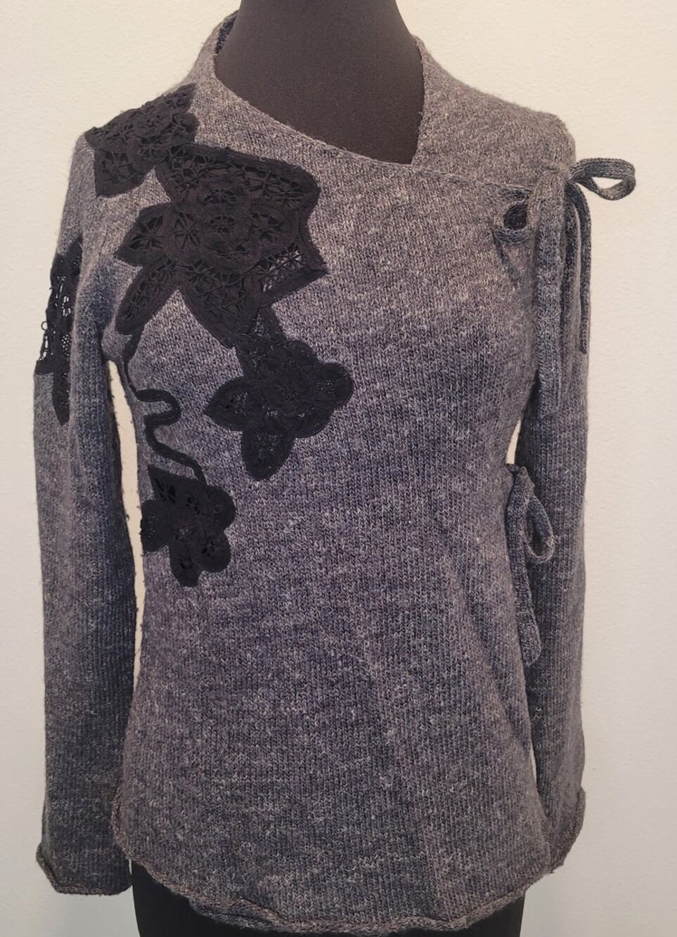Anthropologie Gray Lace Panel Sweater M Soft Goth Cottagecore Romantic